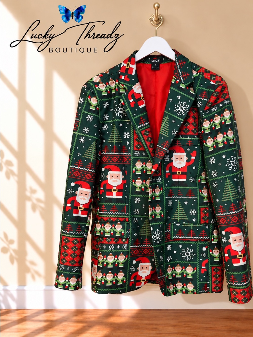 Dec 25th Mens Ugly Christmas Suit Jacket Santa Elves Festive Holiday Blazer Smal